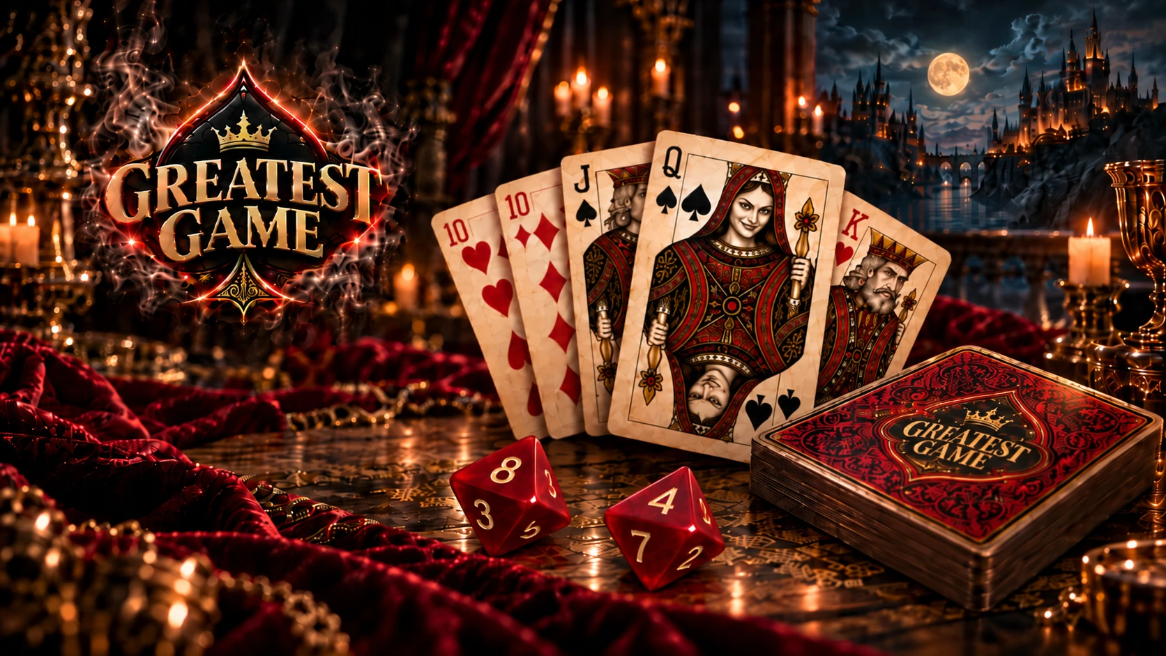 Candlelit Greatest Game table: the spade logo in smoke, a fan of cards with the queen forward, the deck, and two red eight-sided dice, with a moonlit castle behind.