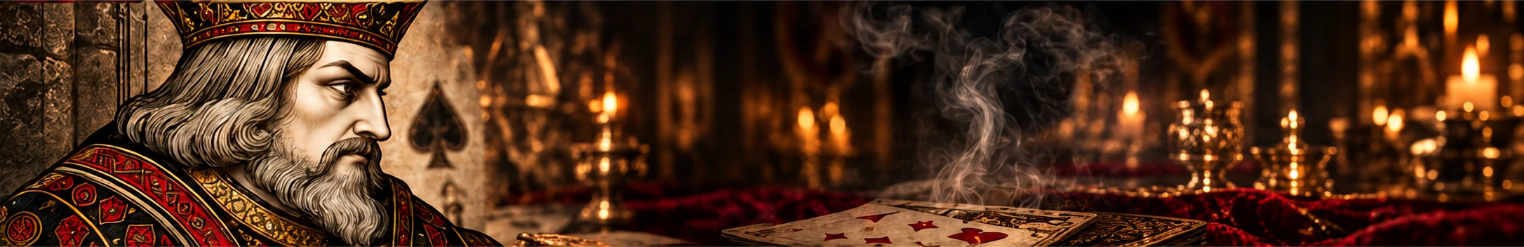 The king in crown and robe at a candlelit table, with smoke over a hand of cards and velvet in the foreground.