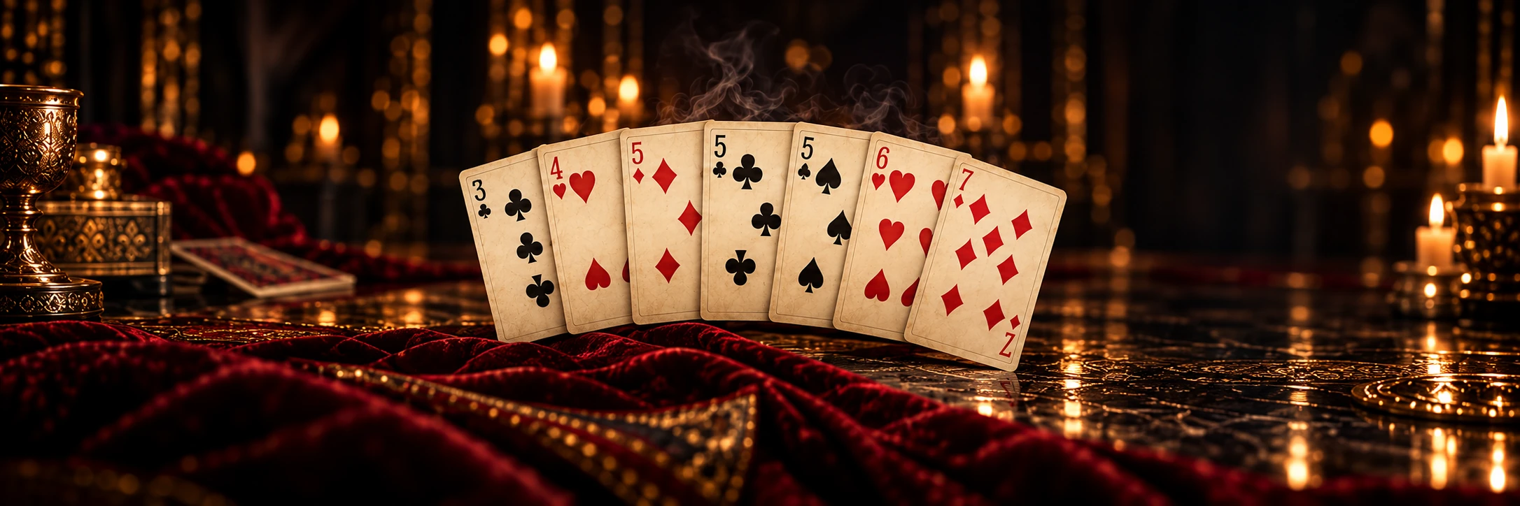 Candlelit card table with a hand of ordinary playing cards on red velvet, a gold chalice at the left, and candles at the right.
