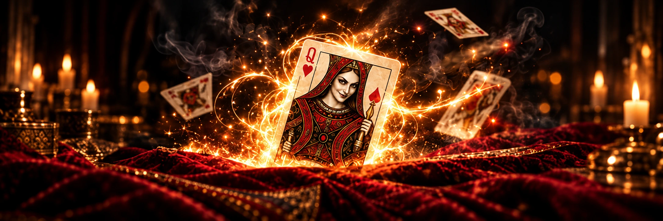 The queen of hearts rising from red velvet in a ring of golden light, with candles and drifting cards behind her.